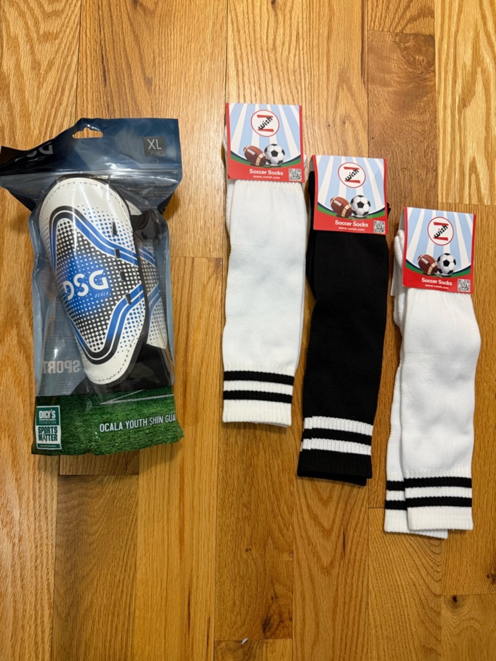 DSG White and Blue Youth Shin Guard w/ Soccer Socks